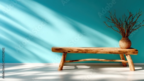 A minimalist rustic bench made of wood sits against a vibrant turquoise wall, adorned with a natural decorative vase filled with dry branches, showcasing simplicity and elegance.