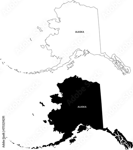 Alaska vector map silhouette design in editable line art and flat silhouette map