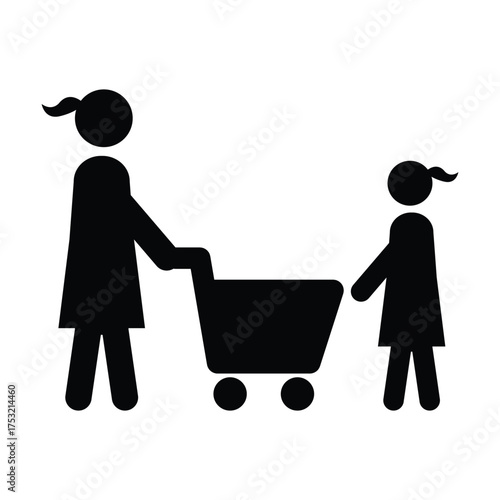 Shopping icon, male person with shopping cart in a glyph pictogram illustration
