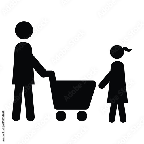 Shopping icon, male person with shopping cart in a glyph pictogram illustration