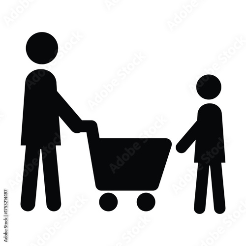Shopping icon, male person with shopping cart in a glyph pictogram illustration