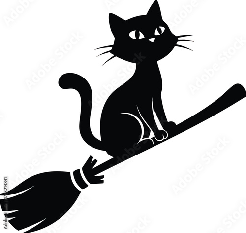 Black cat silhouette sitting on a flying witch broomstick.