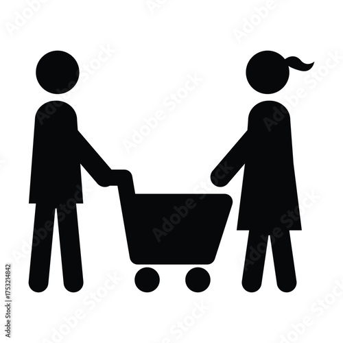 Shopping icon, male person with shopping cart in a glyph pictogram illustration
