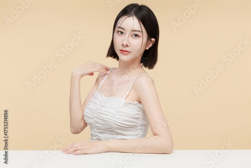 Beautiful Young Asian Woman with Healthy Skin Natural Makeup. Skincare Beauty Concept.