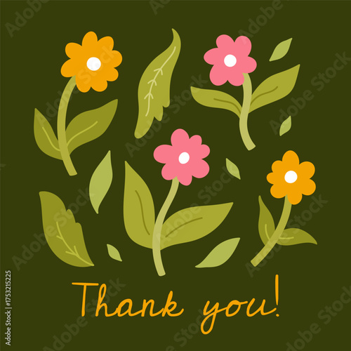 Floral thank you card with colorful flowers and green leaves on a dark background. Cute botanical illustration for greeting cards, invitations, and social media posts.