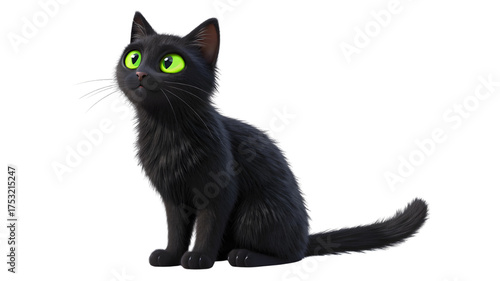 Mysterious black cat with bright green eyes sitting on 