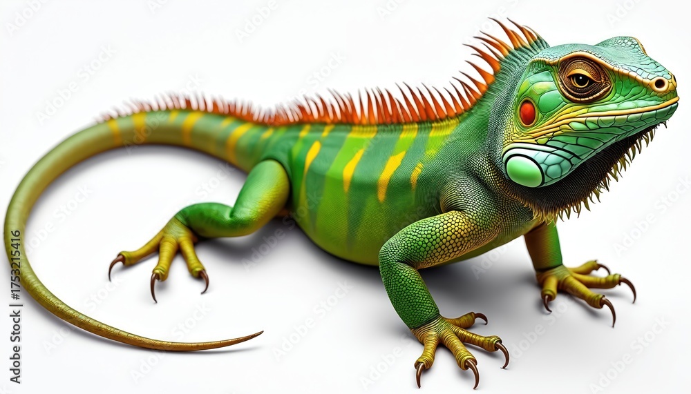 Obraz premium Detailed green iguana illustration isolated on white background. Exotic reptile drawing shows scaly skin, sharp claws, long tail. Wild colorful lizard tropical animal. Study of creature wildlife