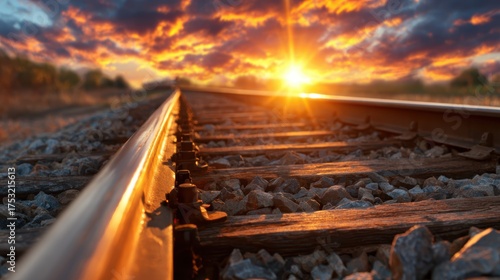 An enchanting sunset illuminating railway tracks, casting dramatic shadows and vibrant colors that captivates the viewer's imagination while evoking feelings of freedom and adventure.