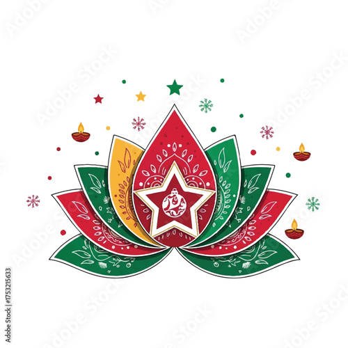 Illustration of a decorated Christmas tree with ornaments, candy canes, and a star on top against a white background.