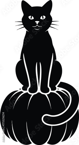 Black cat silhouette sitting on a Halloween pumpkin vector graphic.