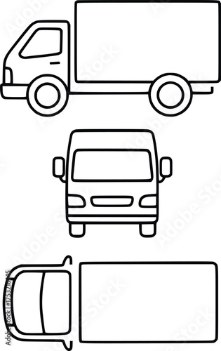 Set of simple line art icons depicting a delivery truck from side front and top views