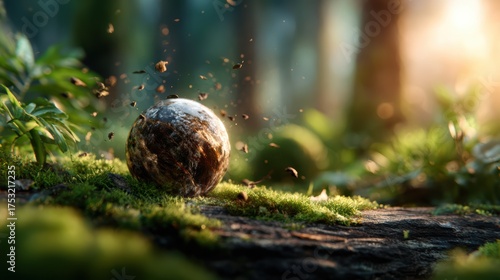 A mesmerizing scene featuring an earth-like stone surrounded by lush green moss, illuminated by soft sunlight, symbolizing nature's beauty and serenity in the forest.