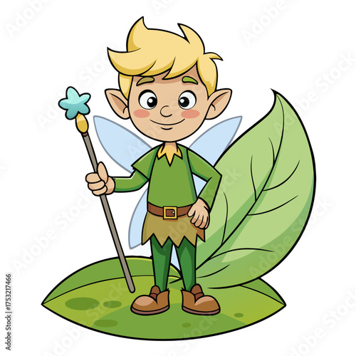 Cute cartoon boy fairy with blonde hair green tunic brown belt and boots holding a magic wand with a star