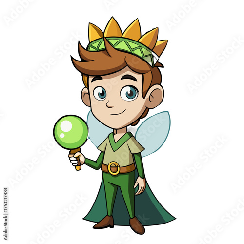 Cute cartoon boy wearing a green fairy costume with a crown and holding a magic wand with a green orb