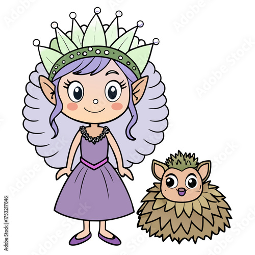 Cute cartoon fairy queen with a crown and a fluffy creature friend standing together on a white background
