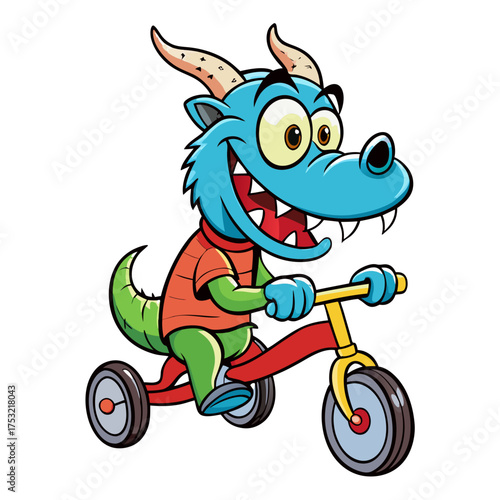A happy blue cartoon dragon with horns wearing an orange shirt rides a red and yellow tricycle