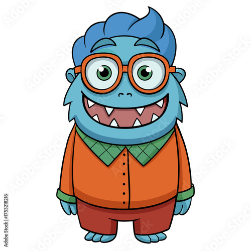 Friendly blue cartoon monster wearing glasses and an orange shirt with red pants smiling widely