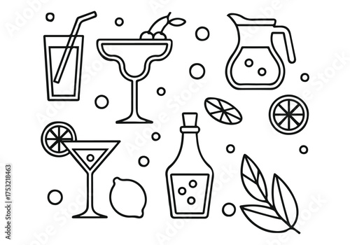 Black and White Citrus and Beverage Outline Line Art Illustration