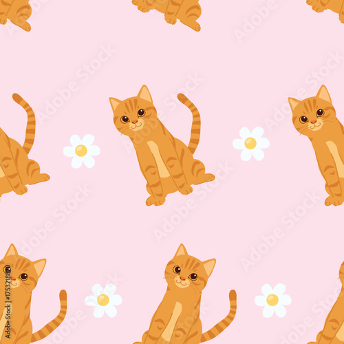 seamless cartoon cat and daisy flower pattern in kawaii style pink pastel background for pet lovers wallpaper wrapping and stationery