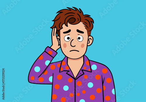 Worried Man in Polka Dot Pajamas Suffers Insomnia