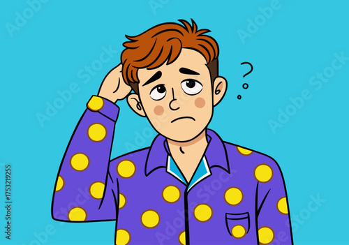 Worried Man Sleepless in Polka Dot Pajamas: Insomnia Concept Art
