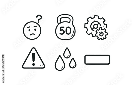 hand drawn cute doodle style line isolated on white background: difficulty heavy gear jam warning sign sweat line