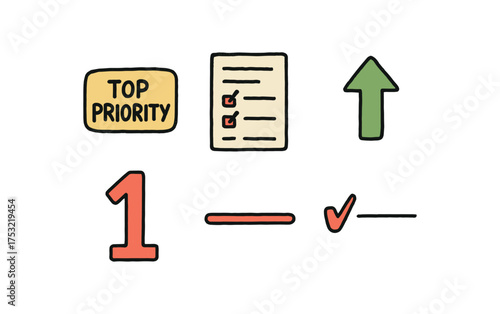 hand drawn cute doodle style line isolated on white background: top priority checklist page up arrow number one red task line