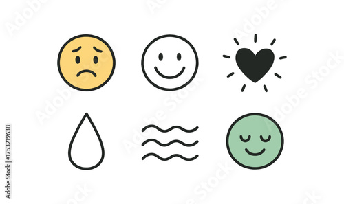 hand drawn cute doodle style line isolated on white background: emotion smile face tear drop heart glow wave lines mood icon