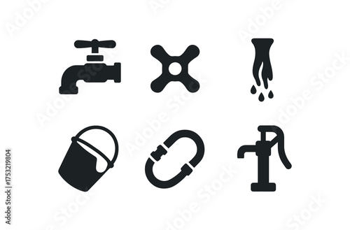 flat black solid icon items isolated on white background brass spigot tap handle liquid stream bucket fill hose pump well