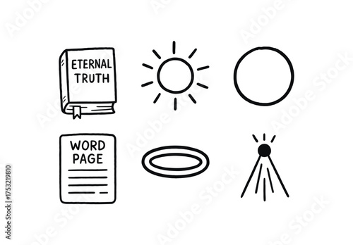 hand drawn cute doodle style line isolated on white background: eternal truth sun ray circle line word page light beam