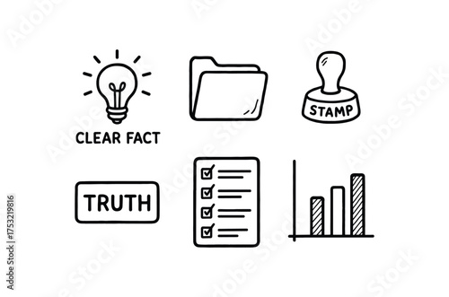 hand drawn cute doodle style line isolated on white background: clear fact paper file stamp truth line list page chart icon