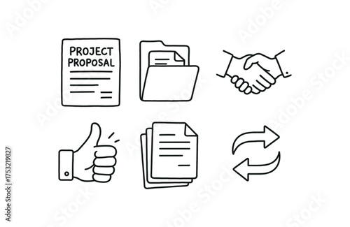 hand drawn cute doodle style line isolated on white background: project proposal folder page handshake icon approval paper stack arrow flow