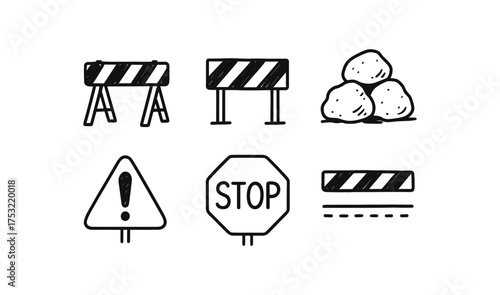 hand drawn cute doodle style line isolated on white background: obstacle road rock pile caution sign stop barrier lines