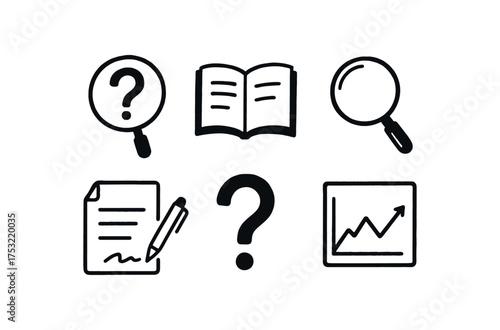 hand drawn cute doodle style line isolated on white background: inquiry book page magnifying glass pen note question chart line