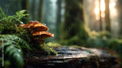 A close-up view of vibrant mushrooms in a misty forest, showcasing nature's beauty and the enchanting atmosphere created by sunlight filtering through trees.