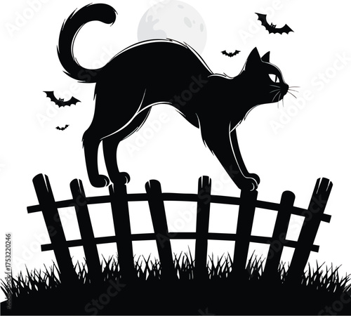 Black cat silhouette with an arched back walking on a fence.