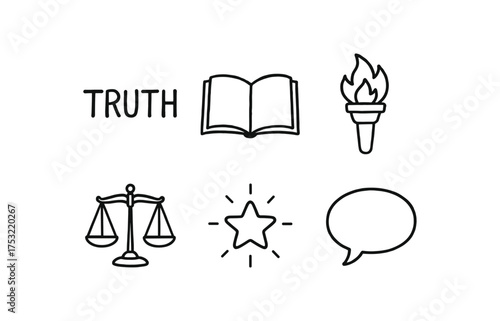 hand drawn cute doodle style line isolated on white background: truth open book torch flame scale glow speech bubble