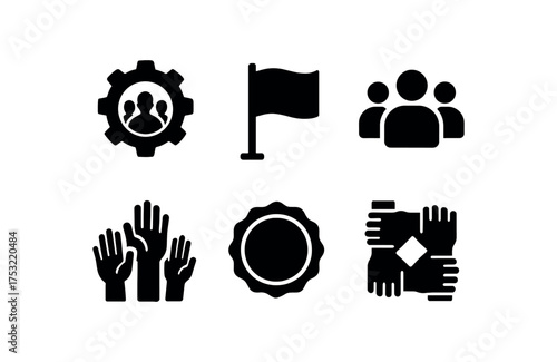flat black solid icon items isolated on white background: labor union banner flag people icons raised hands round seal unity