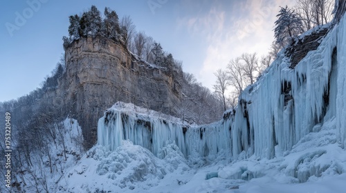 Majestic frozen waterfall surrounded by icy cliffs under bright winter sky