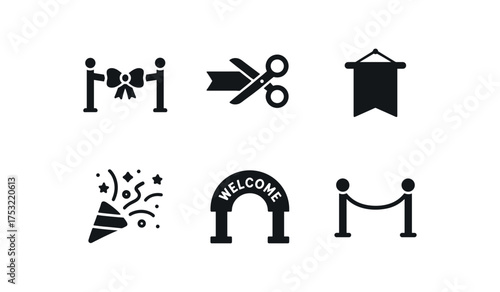 flat black solid icon items isolated on white background: grand opening ribbon cut banner sign confettis entry arch stage line