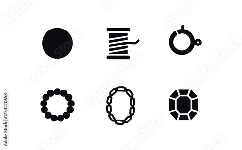 flat black solid icon items isolated on white background bead sphere string thread clasp ring bracelet loop necklace chain gem stone