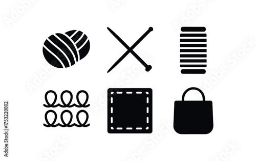 flat black solid icon items isolated on white background: yarn skein knit needle thread roll loop row fabric craft bag