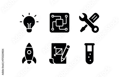 flat black solid icon items isolated on white background: new invention circuit board tool set rocket design sketch test tube
