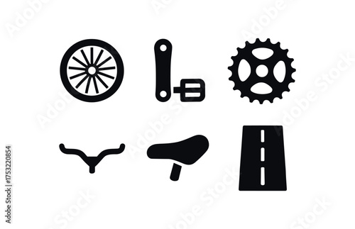 flat black solid icon items isolated on white background: bicycle wheel pedal chain gear handle bar bike road lane