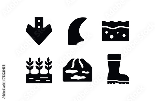 flat black solid icon items isolated on white background plough point iron blade soil cut crop row muddy field farmer boot