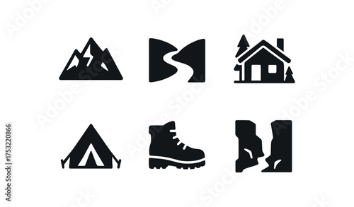 flat black solid icon items isolated on white background: rocky mountain valley trail alpine hut tent camp trekking boot canyon edge