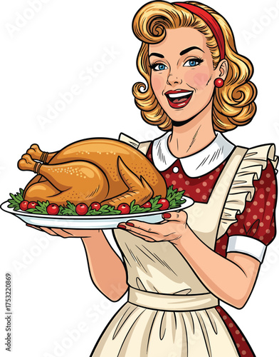 Retro Housewife Holding Thanksgiving Roast Turkey with Smile and Festive Table Dish in Vintage Pop Art Style