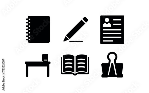 flat black solid icon items isolated on white background: spiral notebook pencil line lecture note study desk open page binder clip