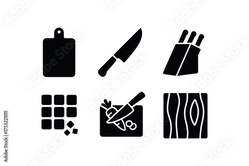 flat black solid icon items isolated on white background: cutting board chef knife kitchen diced onion chopping carrot wood grain