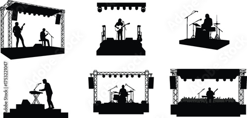Live Music Performance Silhouettes with Musicians, Instruments, and Stage Lighting – Concert Scenes, Band Setups, and Event Vector Illustrations